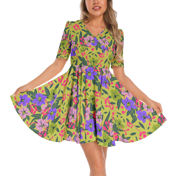 Women's Green Sleeve V-Neck Short Dress