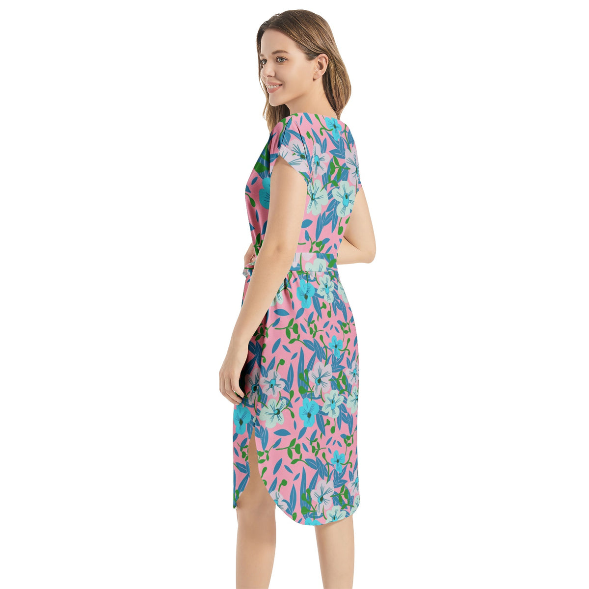 Women's Floral Pink Belted Dress