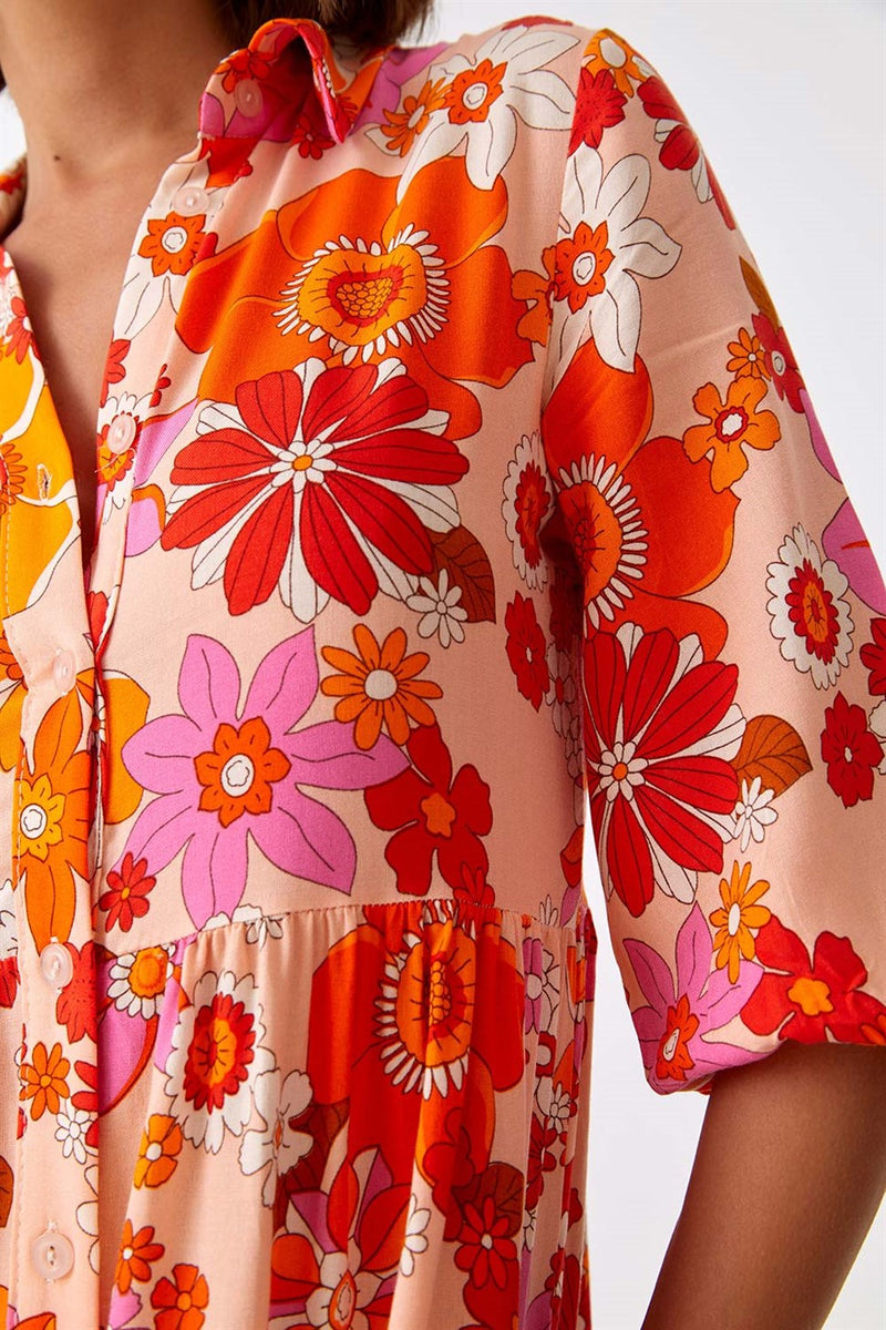 Floral Print Shirt Orange Dress