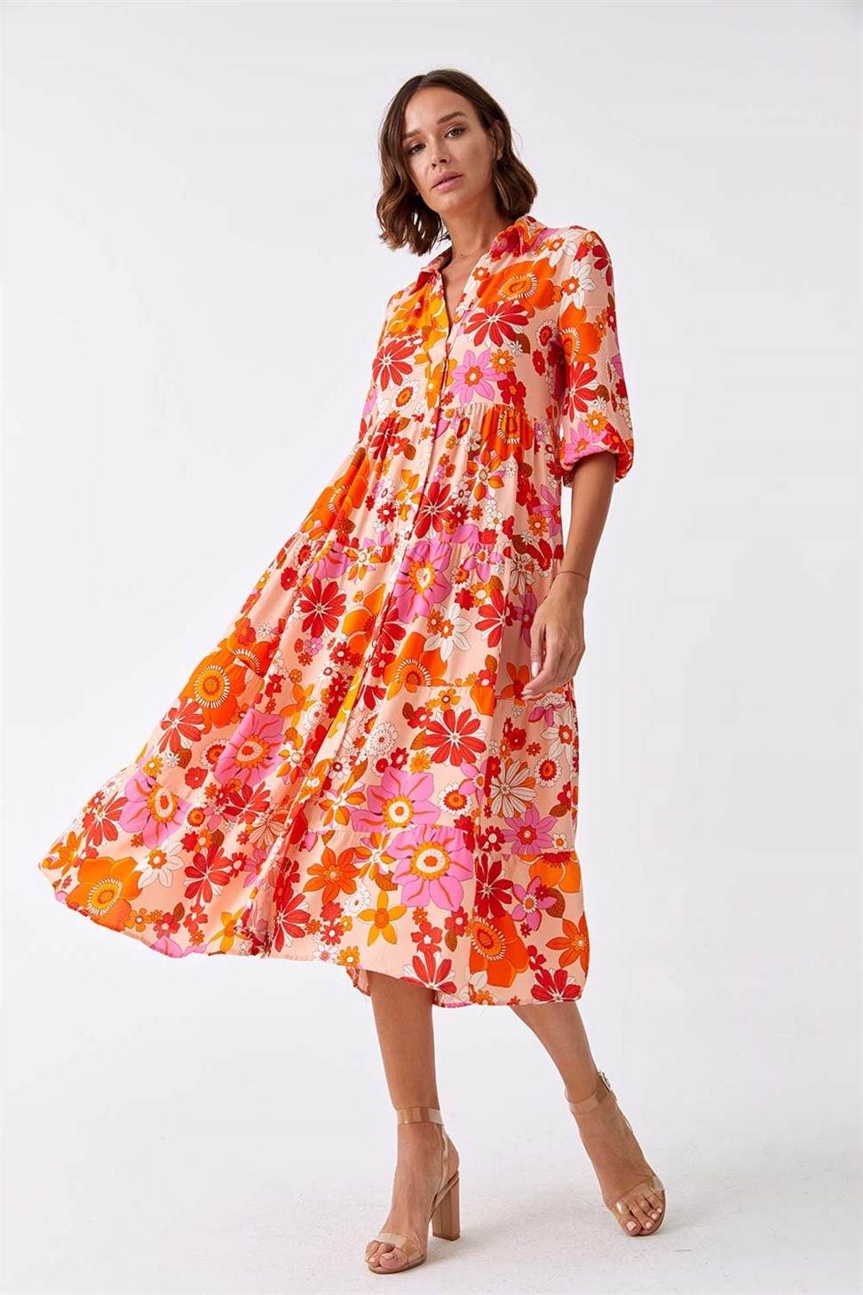 Floral Print Shirt Orange Dress