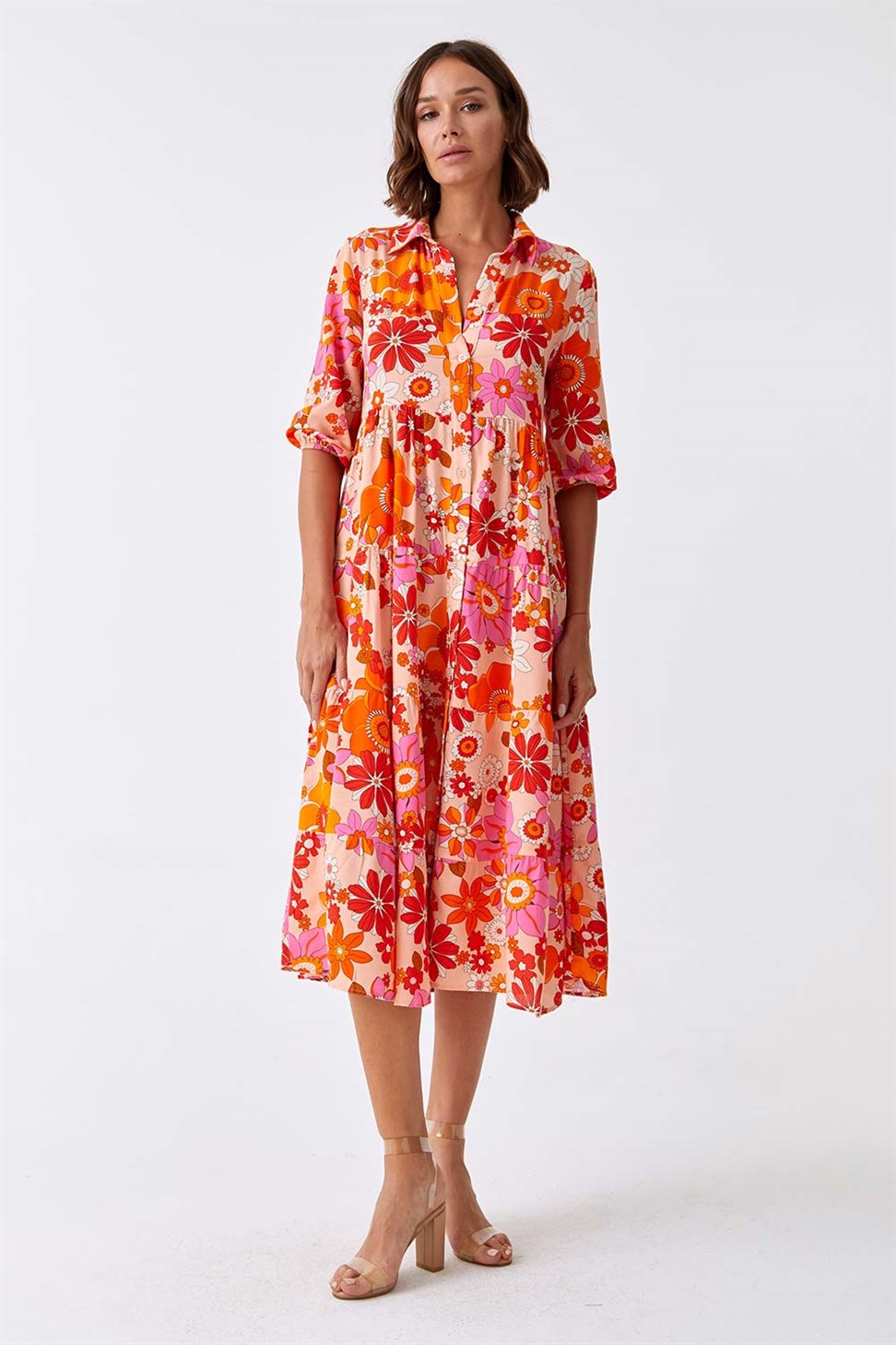 Floral Print Shirt Orange Dress